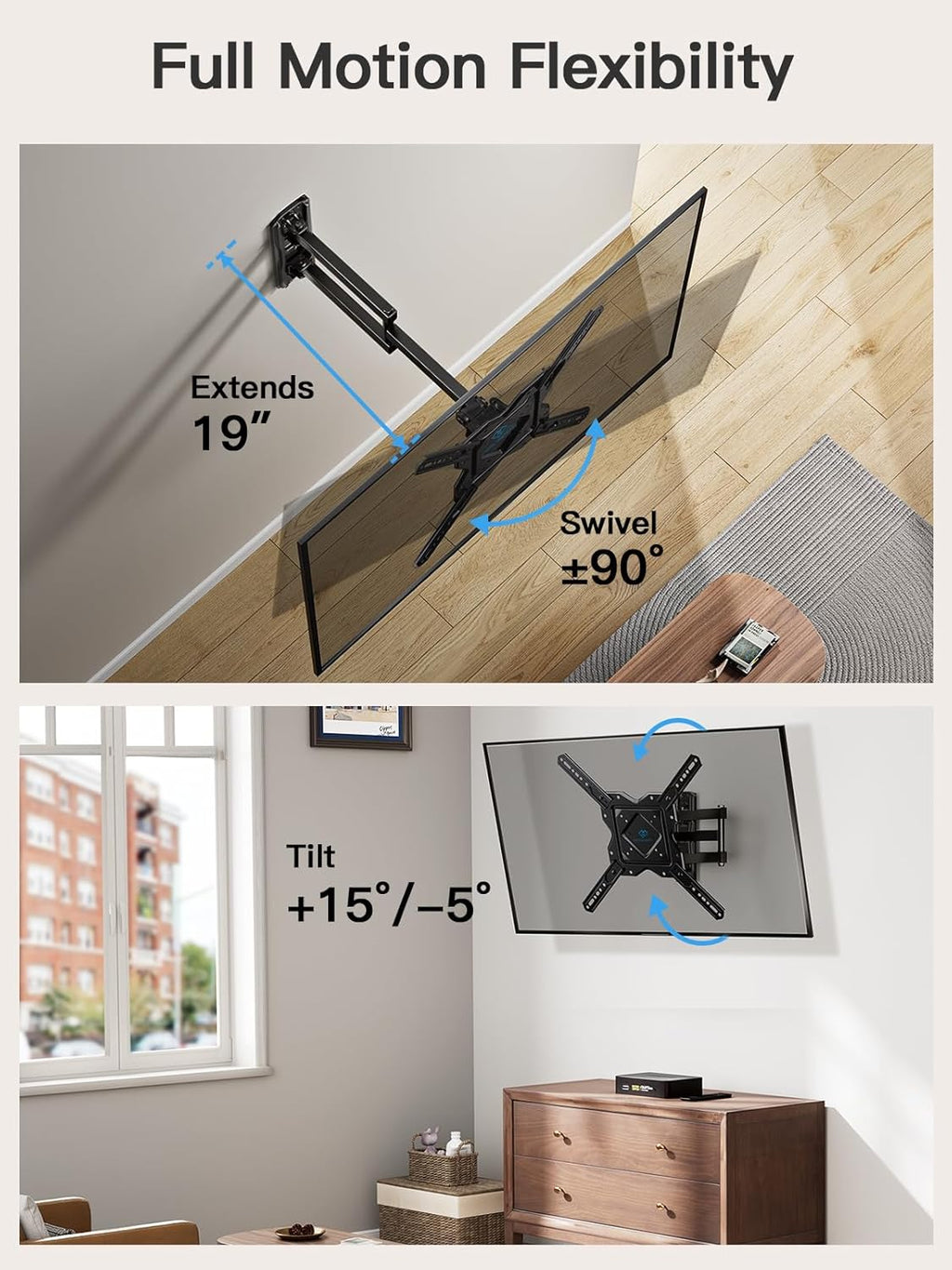 PERLESMITH Full Motion TV Wall Mount for 27-60 Inch Flat & Curved TVs, Single Stud TV Mount with Articulating Swivel Tilt - Wall Mount TV Bracket VESA 400x400mm up to 77 lbs, Perfect Center Design