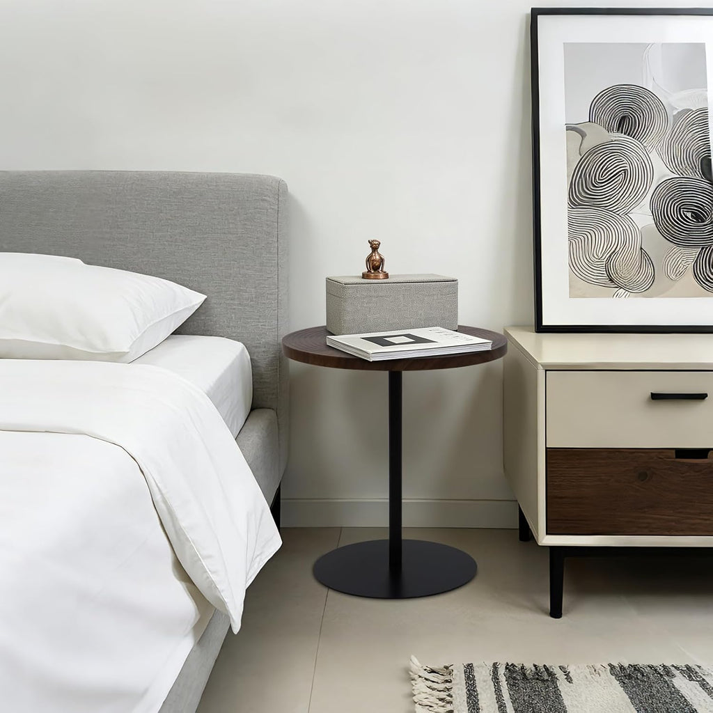 Small Round Side Table Set of 2 Drink End Tables for Living Room Small Spaces Modern Accent Bedside Nightstand Bedroom, Corners, and Office Walnut Ø 15.75 x H 16.93 & Black Φ13.78 x H 20.87