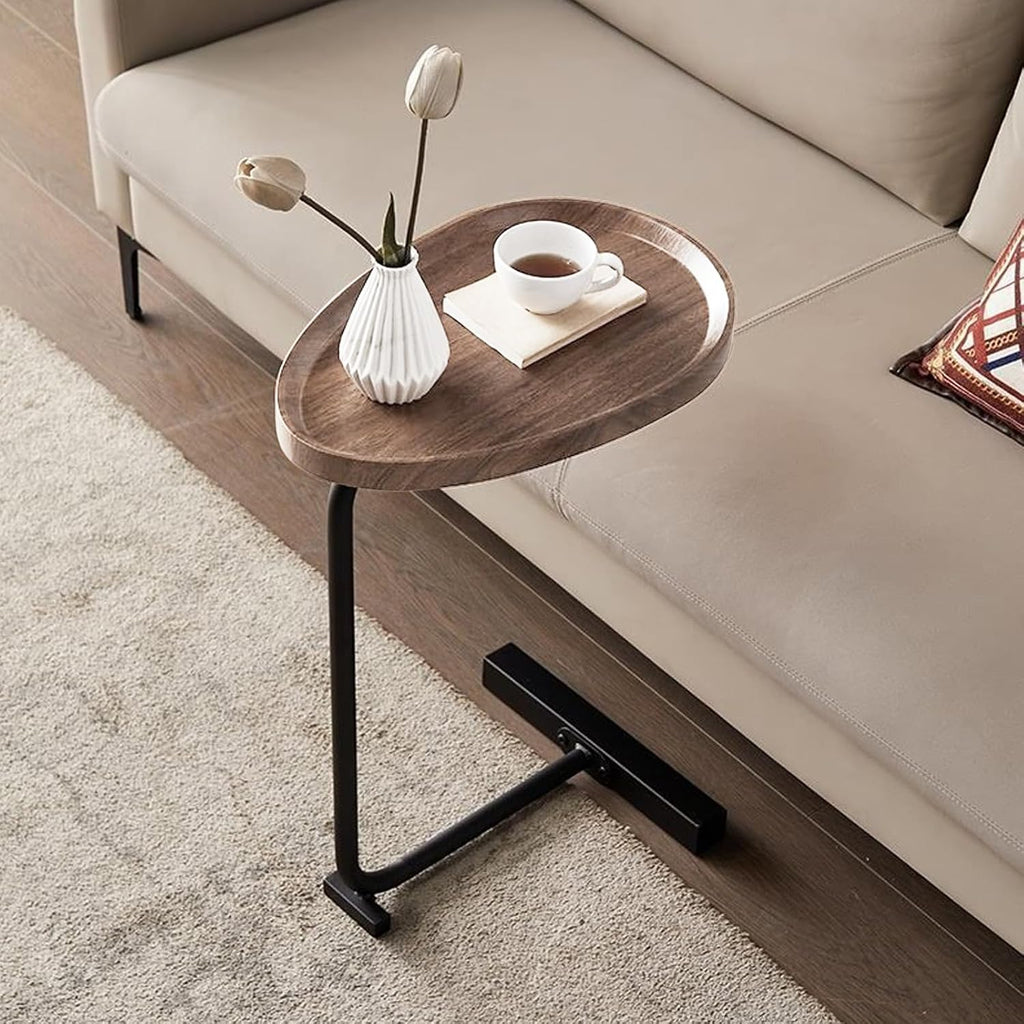 LUCKYERMORE C Shaped End Table,Sofa Side Table with Metal Base,Large Circular Tray Wood Top,Easy Install Heavy Duty Side Table,TV Tray for Couch Sofa,17.7 * 11.8 * 24.4inches