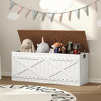 MAHANCRIS 47.2" Storage Chest, Extra Large Toy Box with 2 Safety Hinges, Wooden Toy Chest, Storage Bench with Rivets, Storage Trunk for Bedroom, Living Room, Entryway, White and Brown SCBZ18501