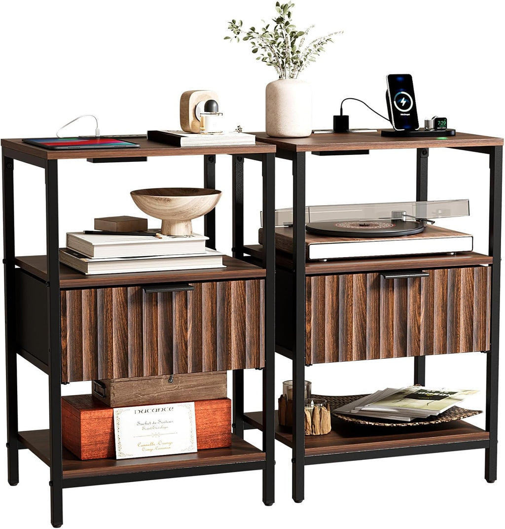 Bonnlo Fluted Nightstand Set of 2, End Table with Fabric Drawer with Charging Station, Night Stand with Storage Shelf & Handle, Fluted Side Table for Bedroom/Living Room,Walunt