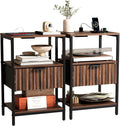 Bonnlo Fluted Nightstand Set of 2, End Table with Fabric Drawer with Charging Station, Night Stand with Storage Shelf & Handle, Fluted Side Table for Bedroom/Living Room,Walunt