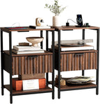 Bonnlo Fluted Nightstand Set of 2, End Table with Fabric Drawer with Charging Station, Night Stand with Storage Shelf & Handle, Fluted Side Table for Bedroom/Living Room,Walunt