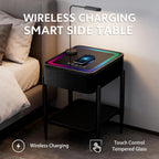 Smart End Table with Charging Station, Bluetooth Speaker Nightstand with Wireless Charging, RGB LED Lights, USB & Type-C Ports, Rectangular Glass Top Side Table for Living Room Bedroom, Black