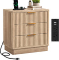 ELYKEN 24" Nightstand with 3 Drawers & Outlet, Fluted End Table Natural Oak | 2 AC Outlets,1 USB Ports, 1 Type C, Charging Station, Fluted Storage Bedside Table, Wood Night Stand, Heavy duty, Bedroom