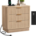 ELYKEN 24" Nightstand with 3 Drawers & Outlet, Fluted End Table Natural Oak | 2 AC Outlets,1 USB Ports, 1 Type C, Charging Station, Fluted Storage Bedside Table, Wood Night Stand, Heavy duty, Bedroom