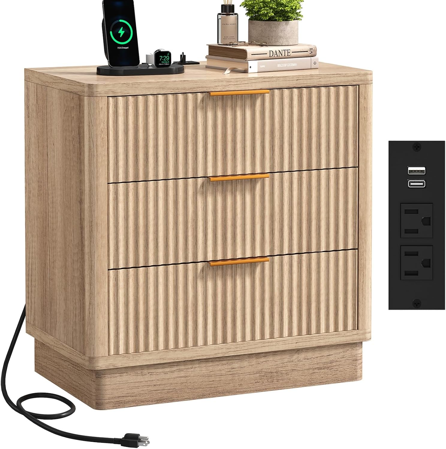 ELYKEN 24" Nightstand with 3 Drawers & Outlet, Fluted End Table Natural Oak | 2 AC Outlets,1 USB Ports, 1 Type C, Charging Station, Fluted Storage Bedside Table, Wood Night Stand, Heavy duty, Bedroom