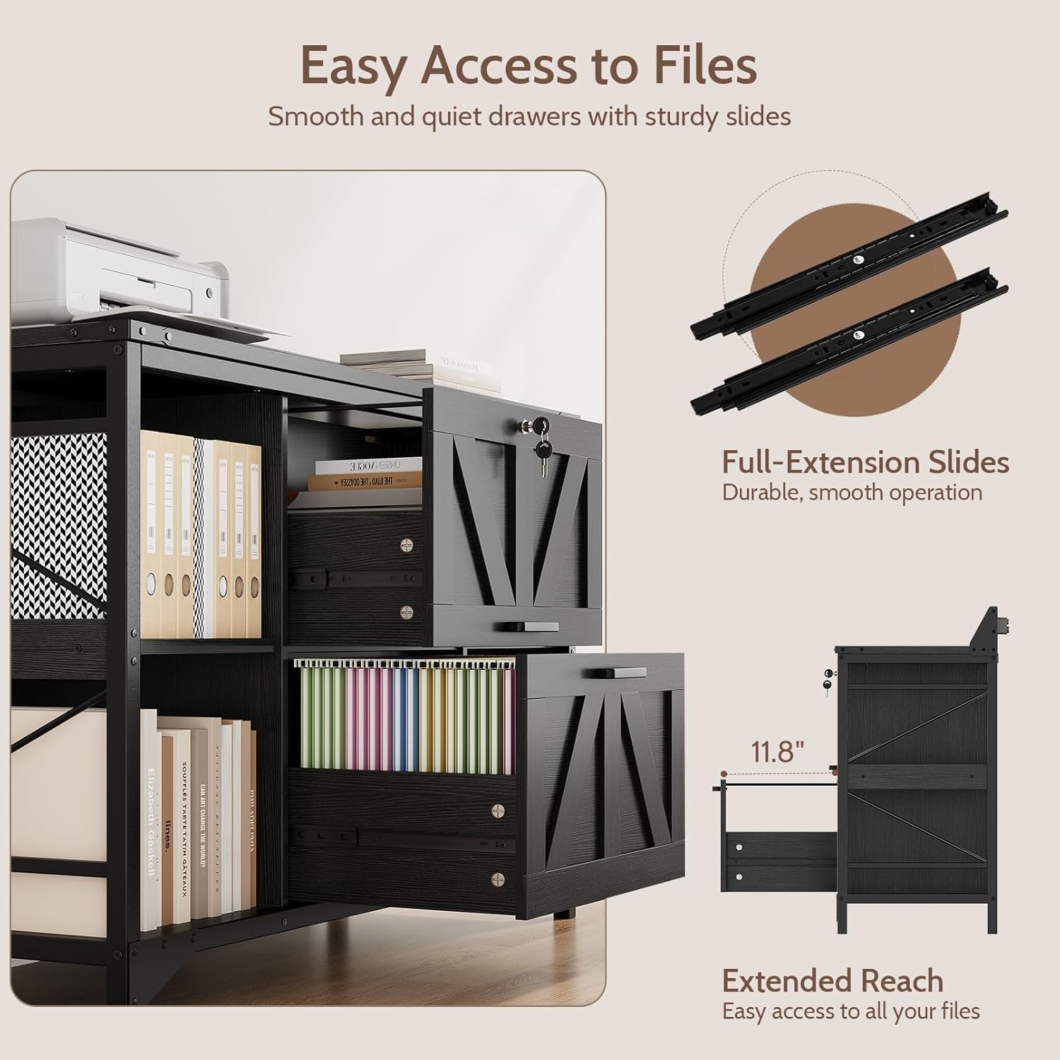 44" File Cabinet, Lateral Filing Cabinet for Home Office with 2 Drawers, Office Storage Cabinet with Lock and Key, Wooden Printer Stand with 4 Storage Shelves and Power Outlet, Office Furniture, Black