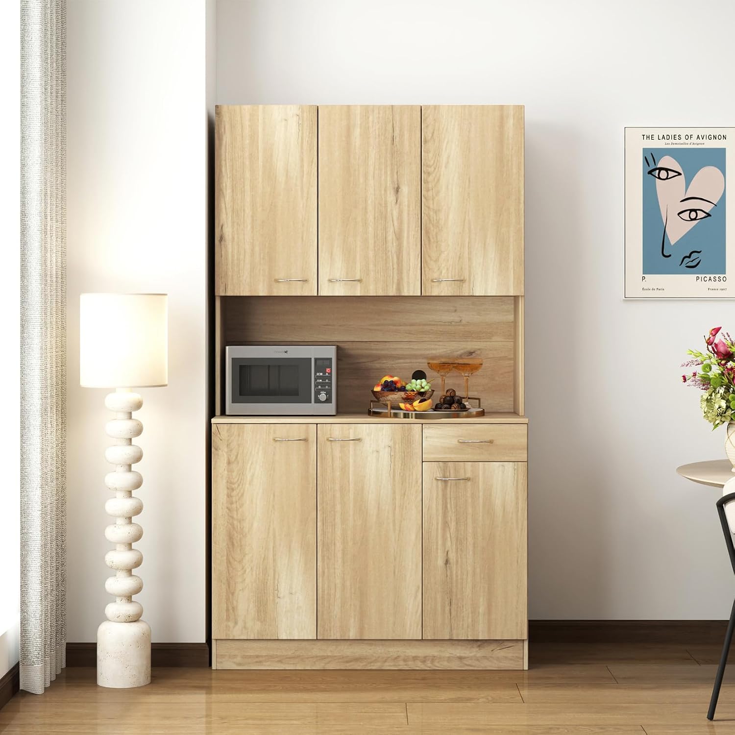 39.37" W Kitchen Pantry Cabinet, Freestanding Farmhouse Storage Cabinet with 6 Door and 1 Drawer, Tall Cupboard for Kitchen, Living Room, Dining Room and Bathroom, Rustic Oak