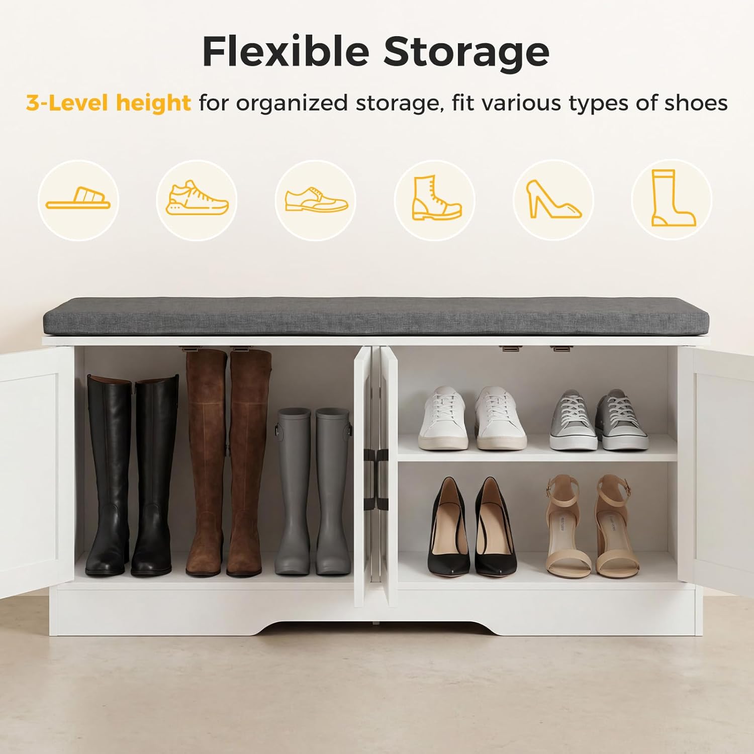 Shoe Bench, 47" Wide Bench with Storage with Padded Seat Cushion, Spacious Shoe Storage Bench with 4 Doors & Adjustable Shelf for Entryway, Bedroom, Living Room, White