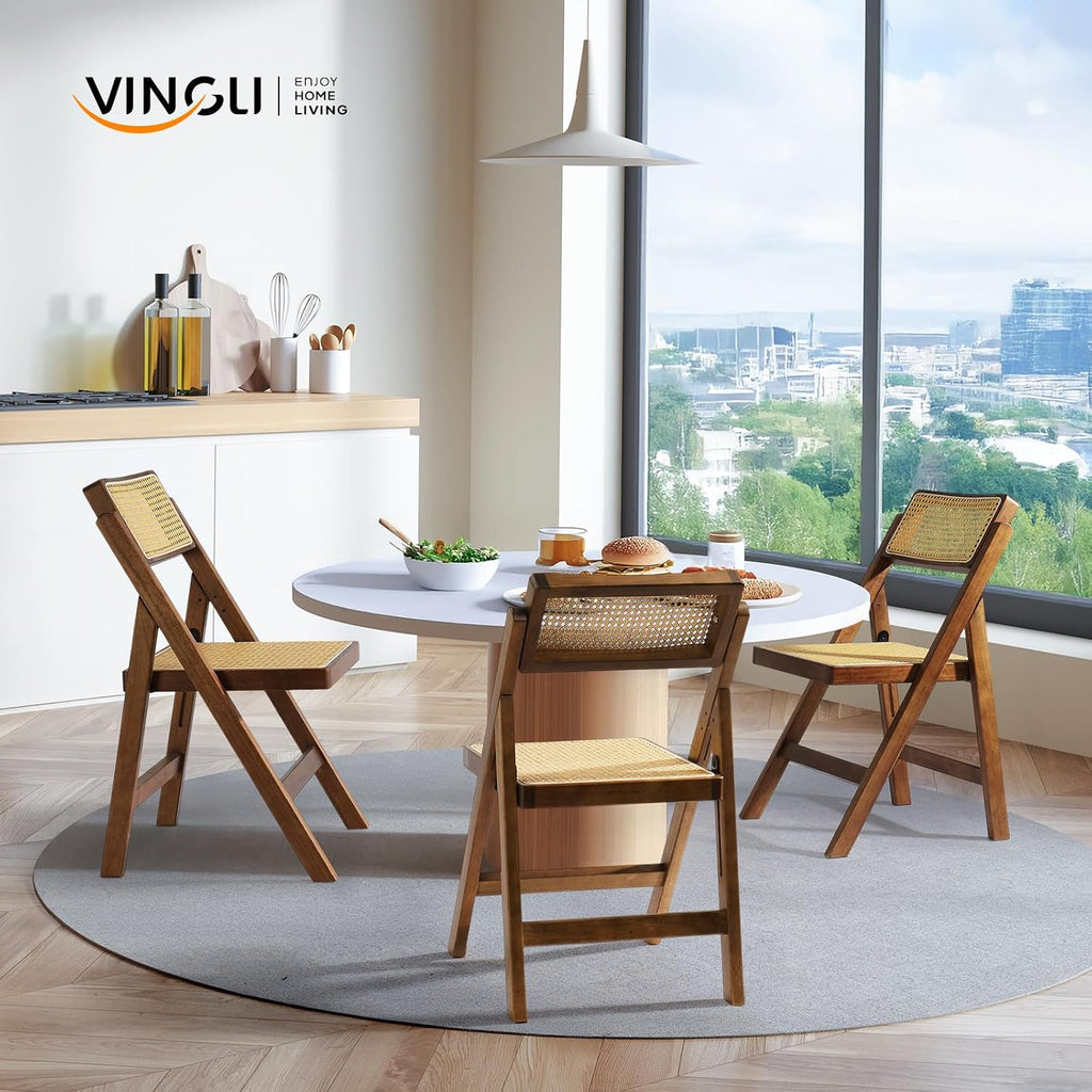 VINGLI 2 Pack Rattan Wooden Folding Chair, Dining Folding Chair with 360° Swivel Backrest, Sturdy Rubberwood Frame and Rattan Woven Seat and Back, Walnut, Set of 2
