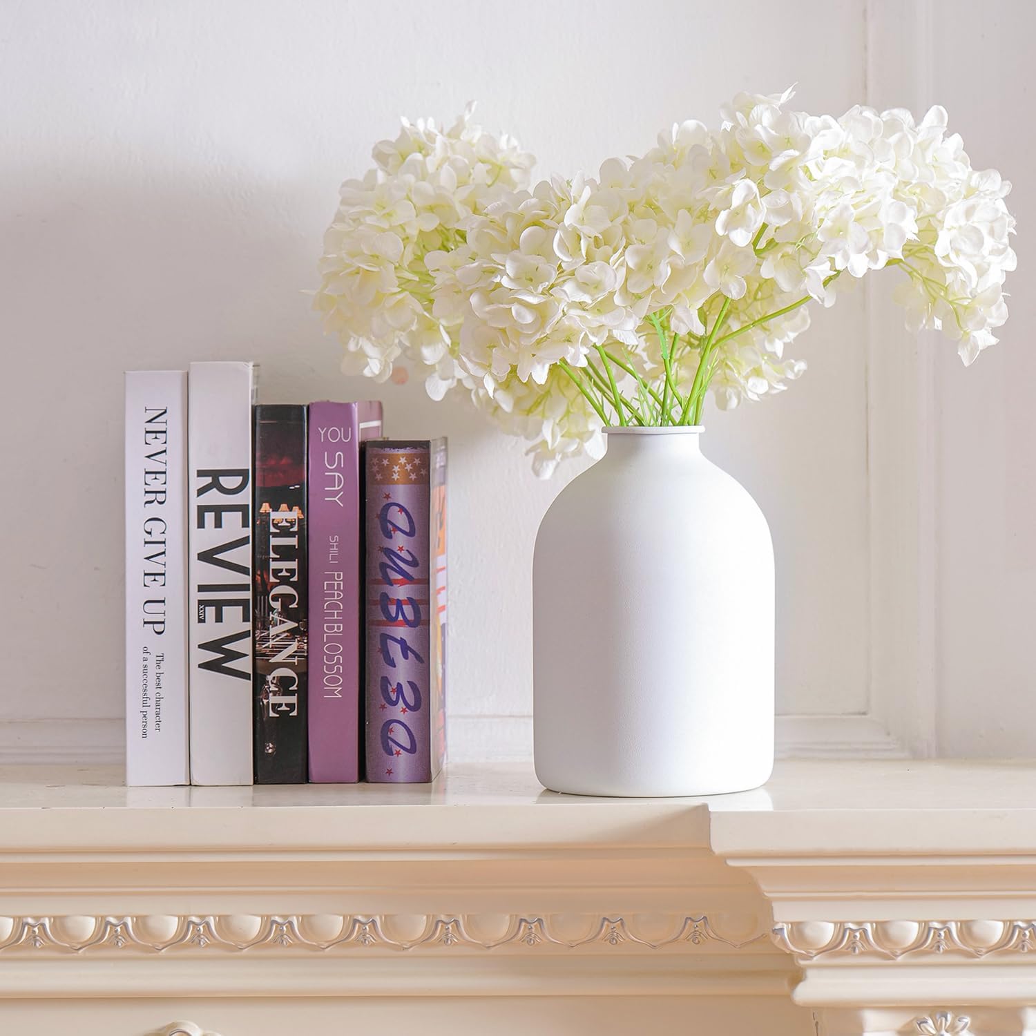 Metal Matte White Vase 8.7 inch Tall Iron Frosted, Nordic Style Pampas Grass Vase for Centerpieces Minimalist for Home Wedding Boho Décor