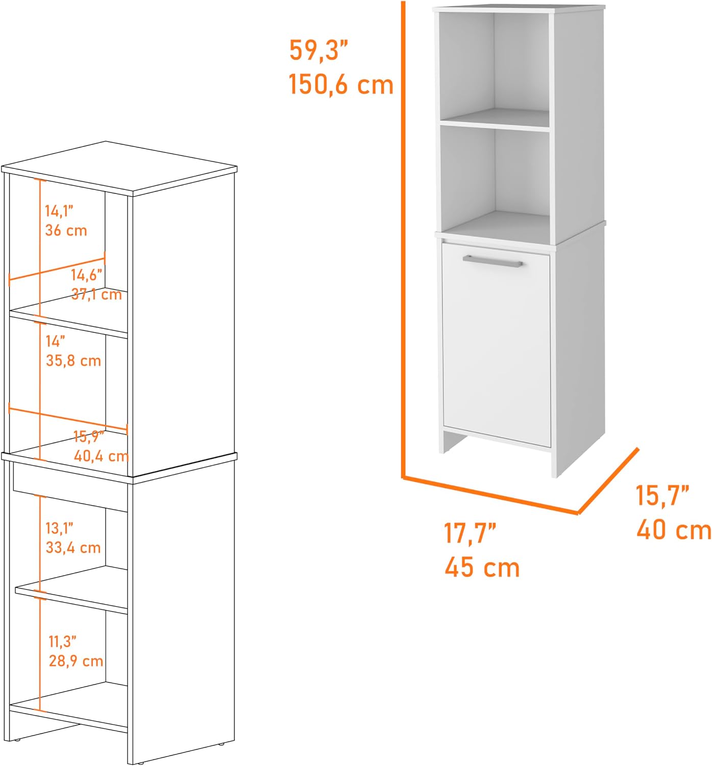 White Engineered Wood Pantry Cabinet, 4 Shelves, Single Door, Soft Close Hinges - 15.74" L x 17.71" W Kitchen Storage Solution