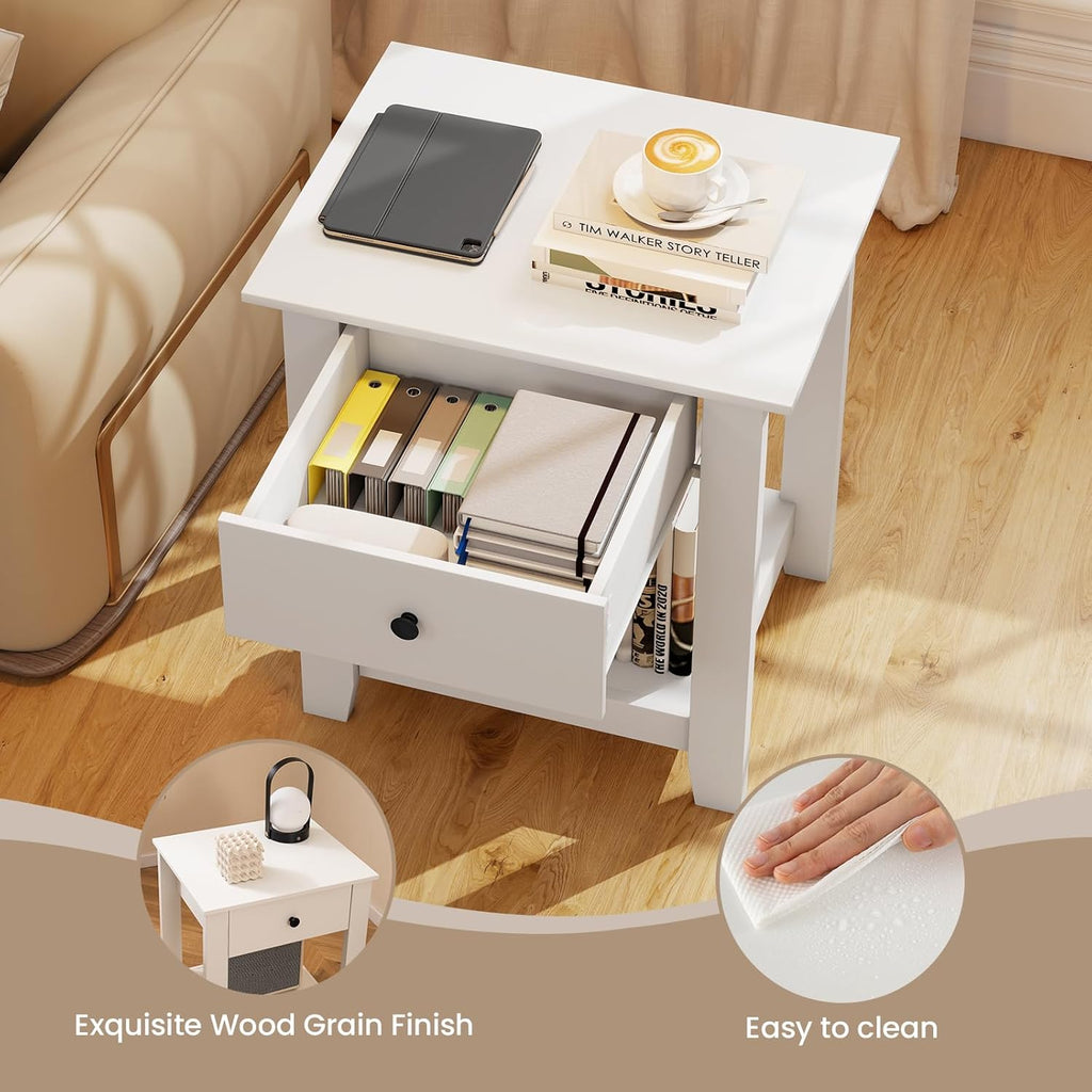 Giantex Nightstands with Drawer Set of 2, 2-Tier Bedside Table with Storage Open Shelf, Wooden Accent End Table for Small Spaces, Modern Night Stand for Bedroom Dorm Living Room, White