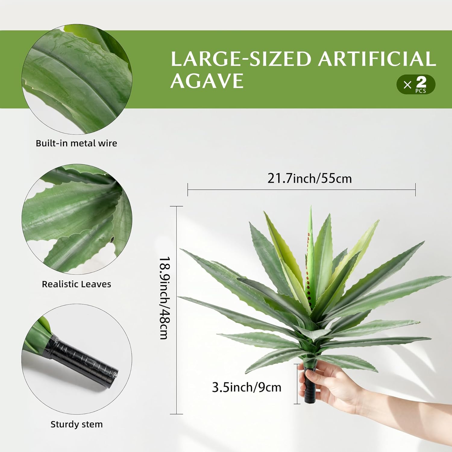 Artificial Agave Plant Outdoor, 22Inch Fake Plants UV Resistant for Indoor, Faux Large Plant Fake Greenery with UV Resistant Decor for Home Porch Garden, Housewarming Gifts（2Pack）