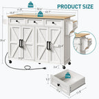 RALGEND Kitchen Island with Drop Leaf & Power Outlet, Rolling Kitchen Island Cart On Wheels, Barn Door Kitchen Island Table with Storage and Tower Rack, Island Table for Kitchen, White and Natural