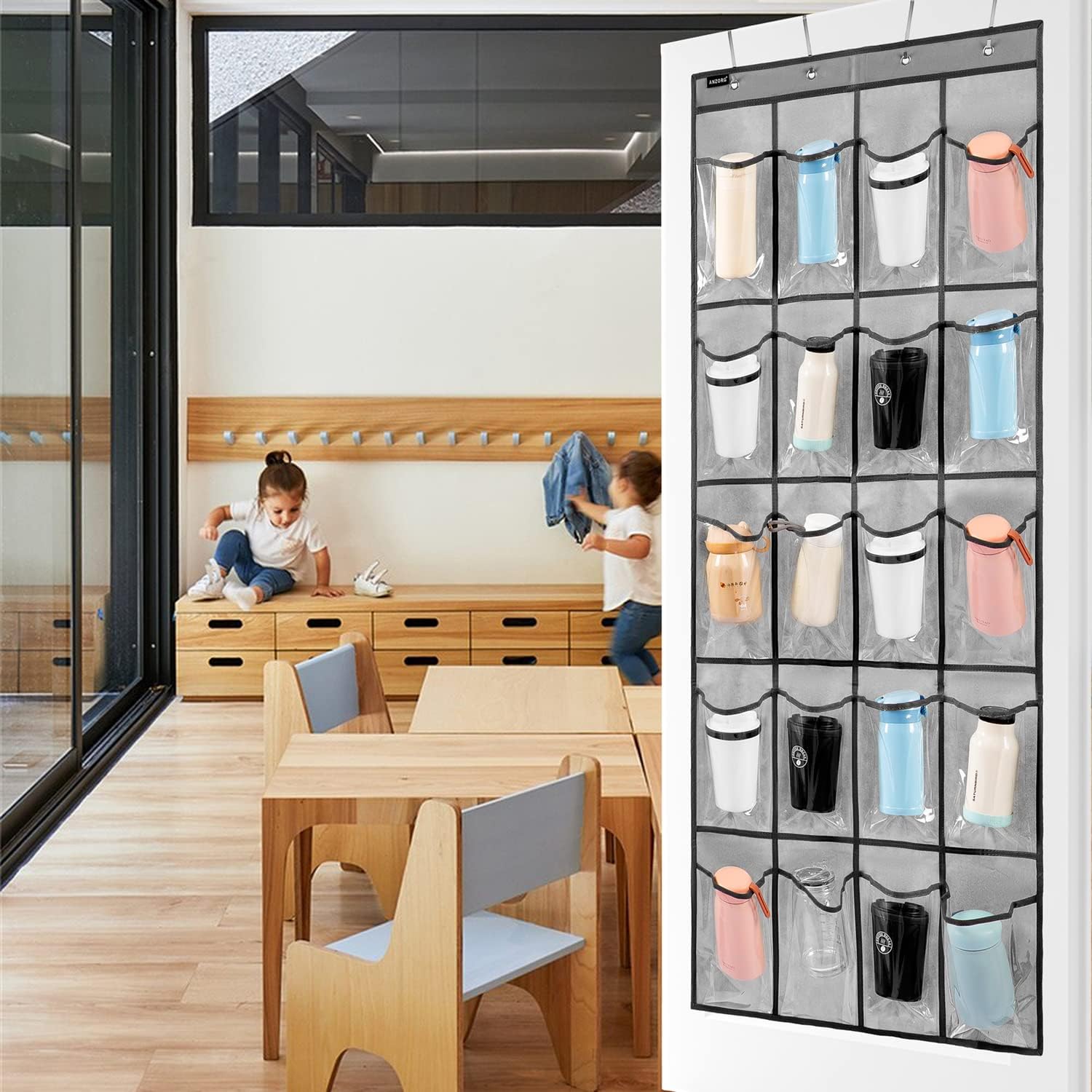 Over Door Hanging Water Bottle Holder Cup Organizer for Kitchen Pantry Glass Bottle Storage Rack with 20 Pockets (CLEAR PVC POCKETS)
