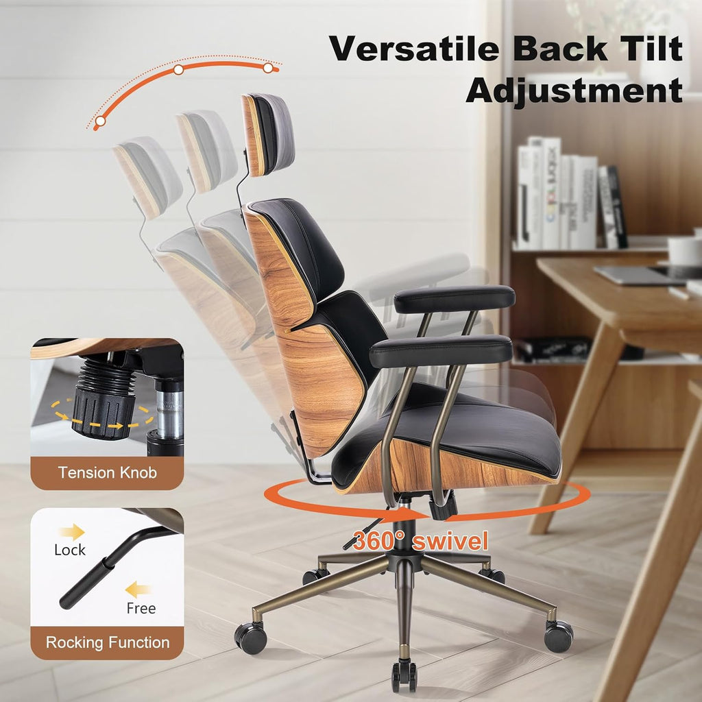 Home Office Desk Chair, High Back Chair with Headrest and Armrests, Modern Curved Walnut Wood Back and Seat, Ergonomic PU Leather Executive Swivel Rolling Chair for Home Office, Study(Black)