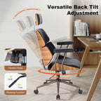 Home Office Desk Chair, High Back Chair with Headrest and Armrests, Modern Curved Walnut Wood Back and Seat, Ergonomic PU Leather Executive Swivel Rolling Chair for Home Office, Study(Black)