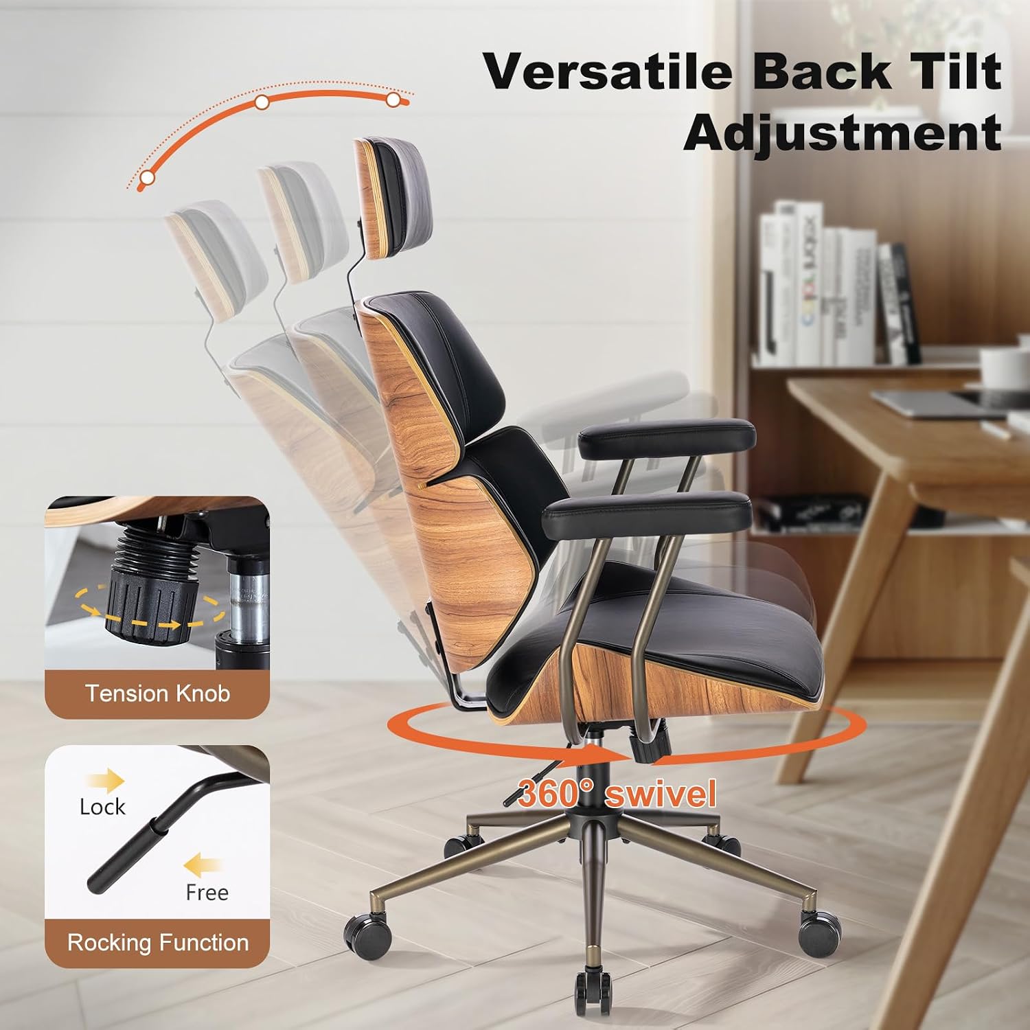 Home Office Desk Chair, High Back Chair with Headrest and Armrests, Modern Curved Walnut Wood Back and Seat, Ergonomic PU Leather Executive Swivel Rolling Chair for Home Office, Study(Black)