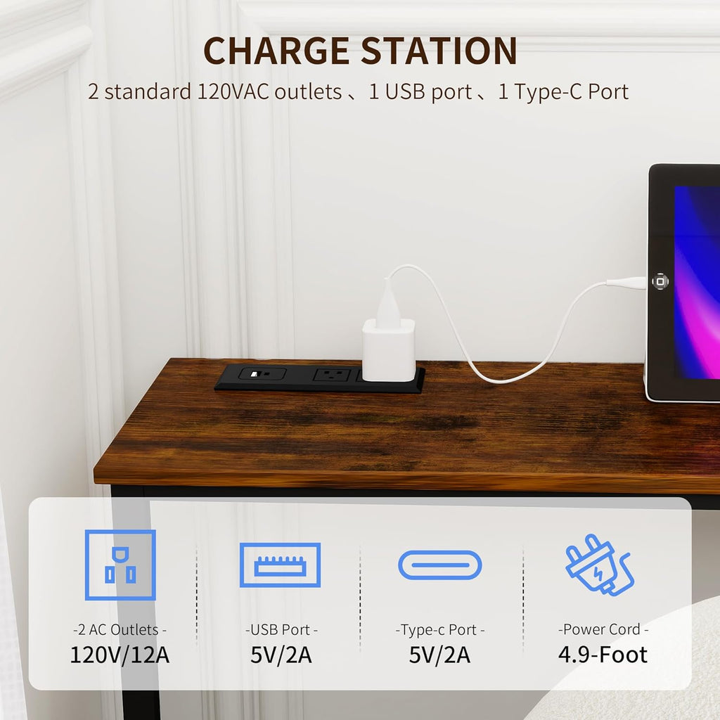 2 Pack Wide Behind Couch Table with Charging Station, 11.8" Deep C-Shaped Sofa Table, 78.8" Long Narrow Console Table with Adjustable Height (25"-33"), USB-C & Outlets, Rustic Brown