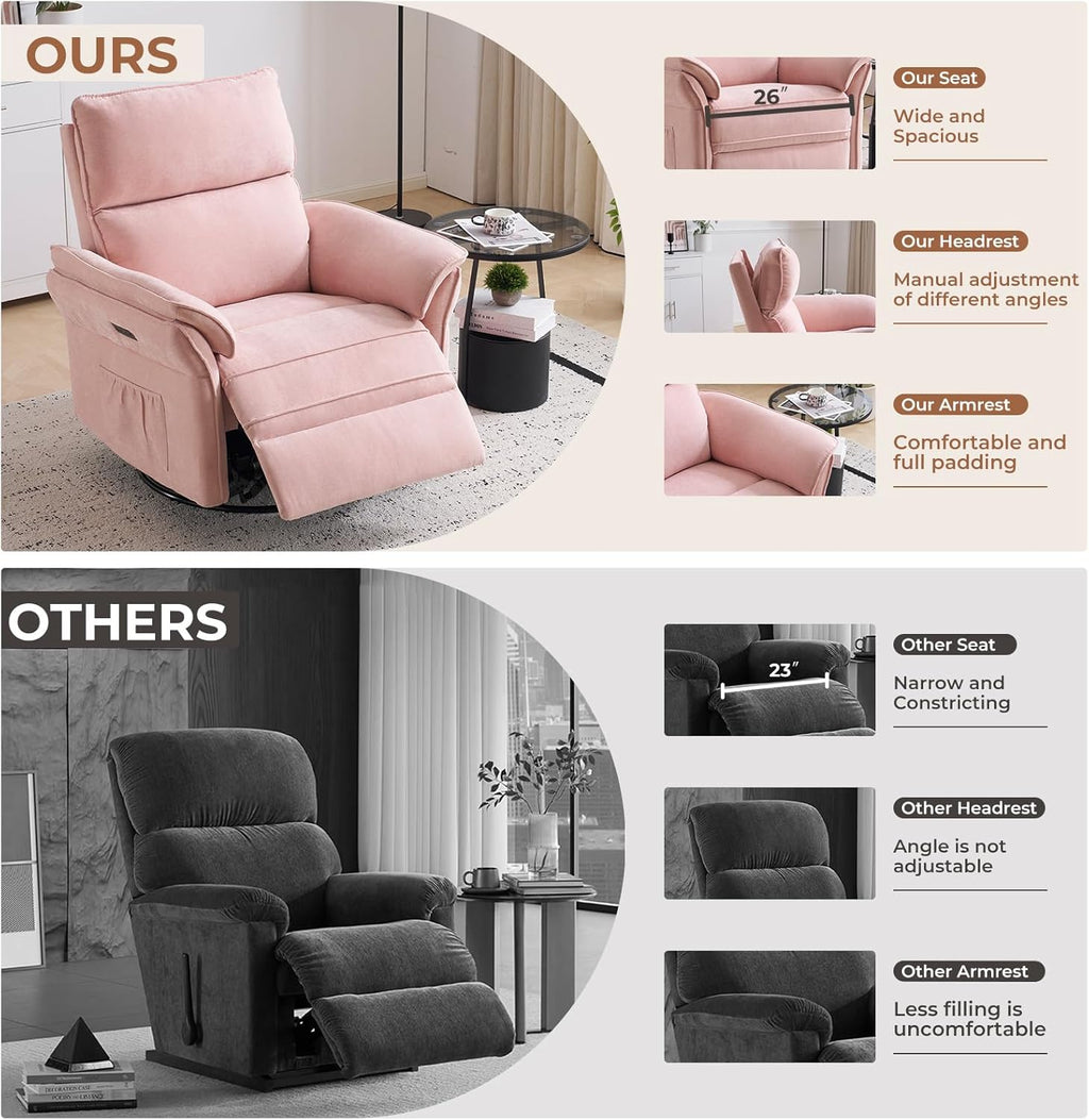 Power Swivel Rocker Recliner, Glider Recliner Nursery Chair with Massage and Heat, Nursery Rocking Chairs with Adjustable Headrest for Living Room，USB Ports,Side Pockets,Chenille Pink