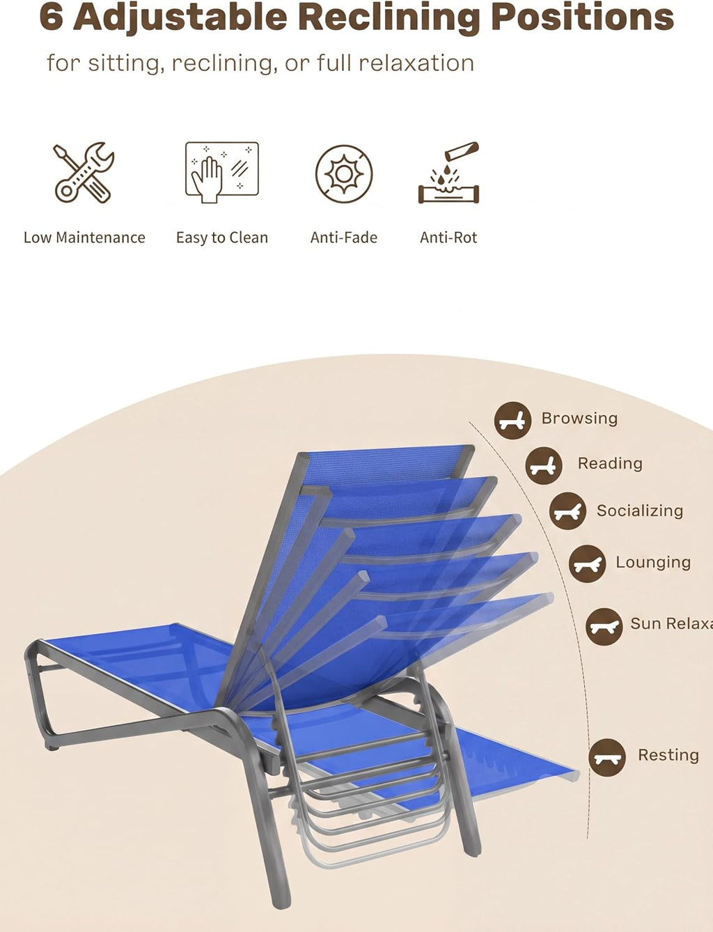 Aluminum Chaise Lounge Outdoor set of 2,Textilene Patio Lounge Chair with 6-Position Adjustable Backrest,Stackable & Easy Assembly,Lightweight for Pool,Deck,Balcony,Lawn,Light Gray,Royal Blue