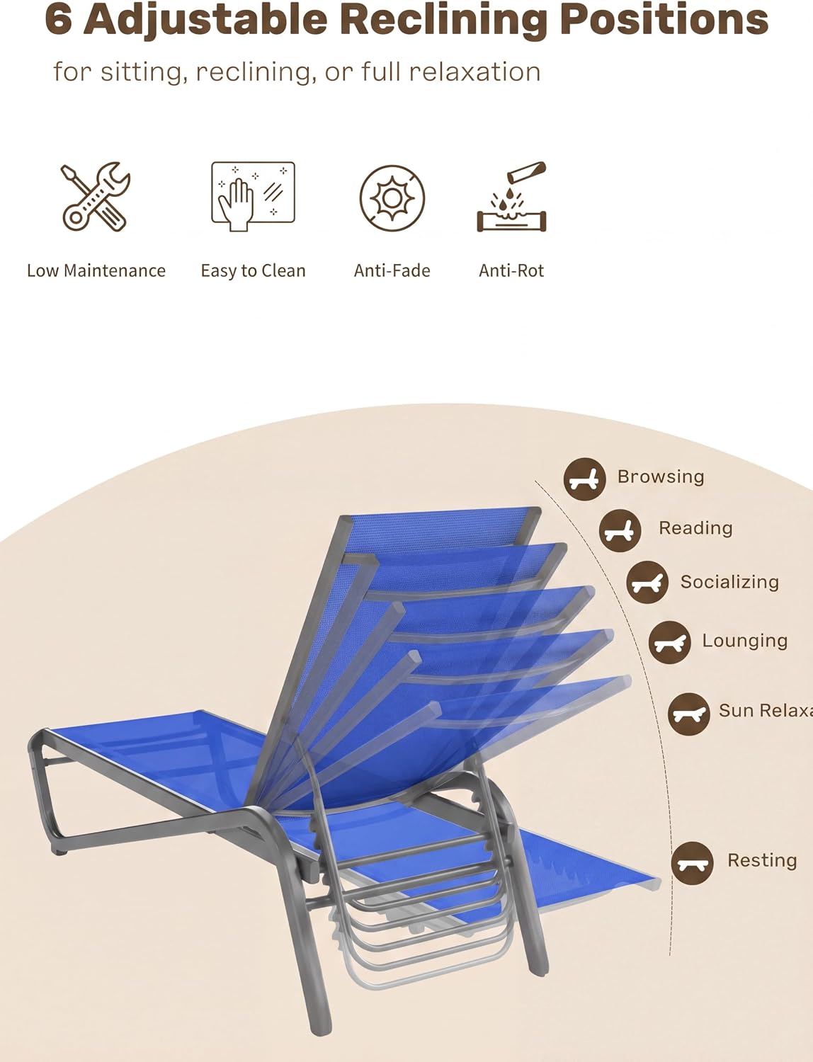 Aluminum Chaise Lounge Outdoor set of 2,Textilene Patio Lounge Chair with 6-Position Adjustable Backrest,Stackable & Easy Assembly,Lightweight for Pool,Deck,Balcony,Lawn,Light Gray,Royal Blue
