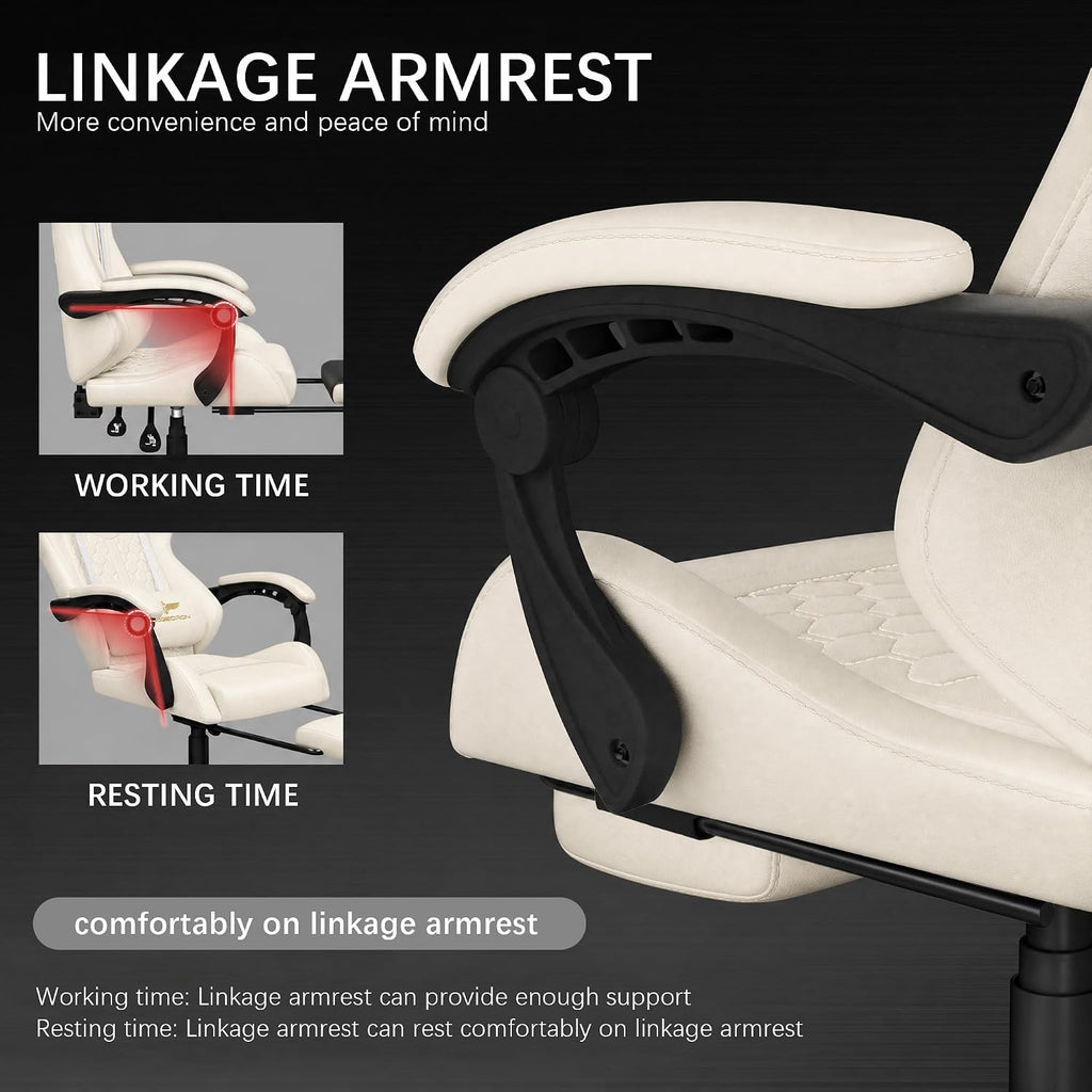 Gaming Chair, Heavy Duty Ergonomic Computer Gaming Chairs, High Back Video Game Chairs, 400 lbs Lumbar Support Linked Armrests Adult sillas Gamer with Retractable Footrest (Off-White)
