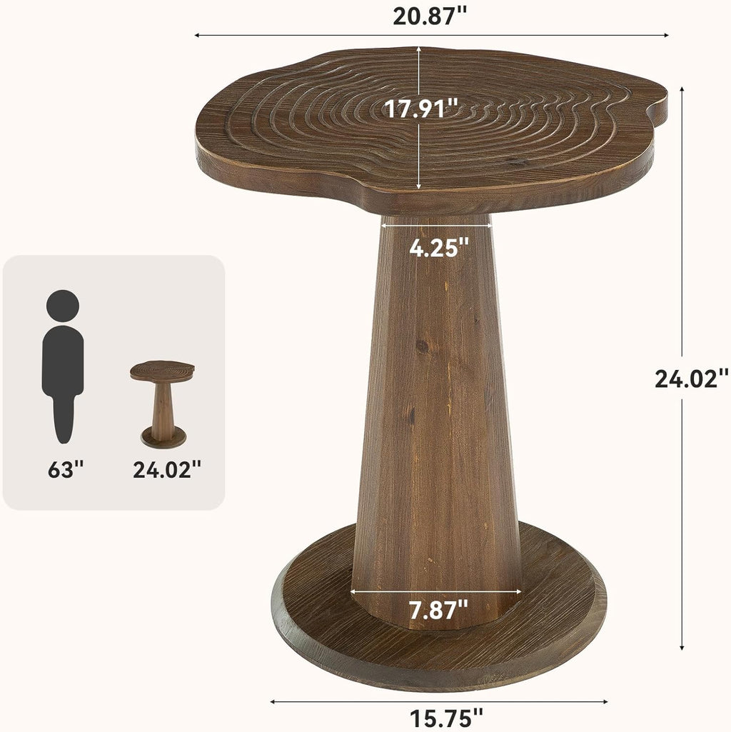 Solid Wood End Table, 20.87" Small Round Pedestal Side Table with Tree-Ring Patterns, Conical Base with Line Design for Living Room, Bedroom and Small Spaces