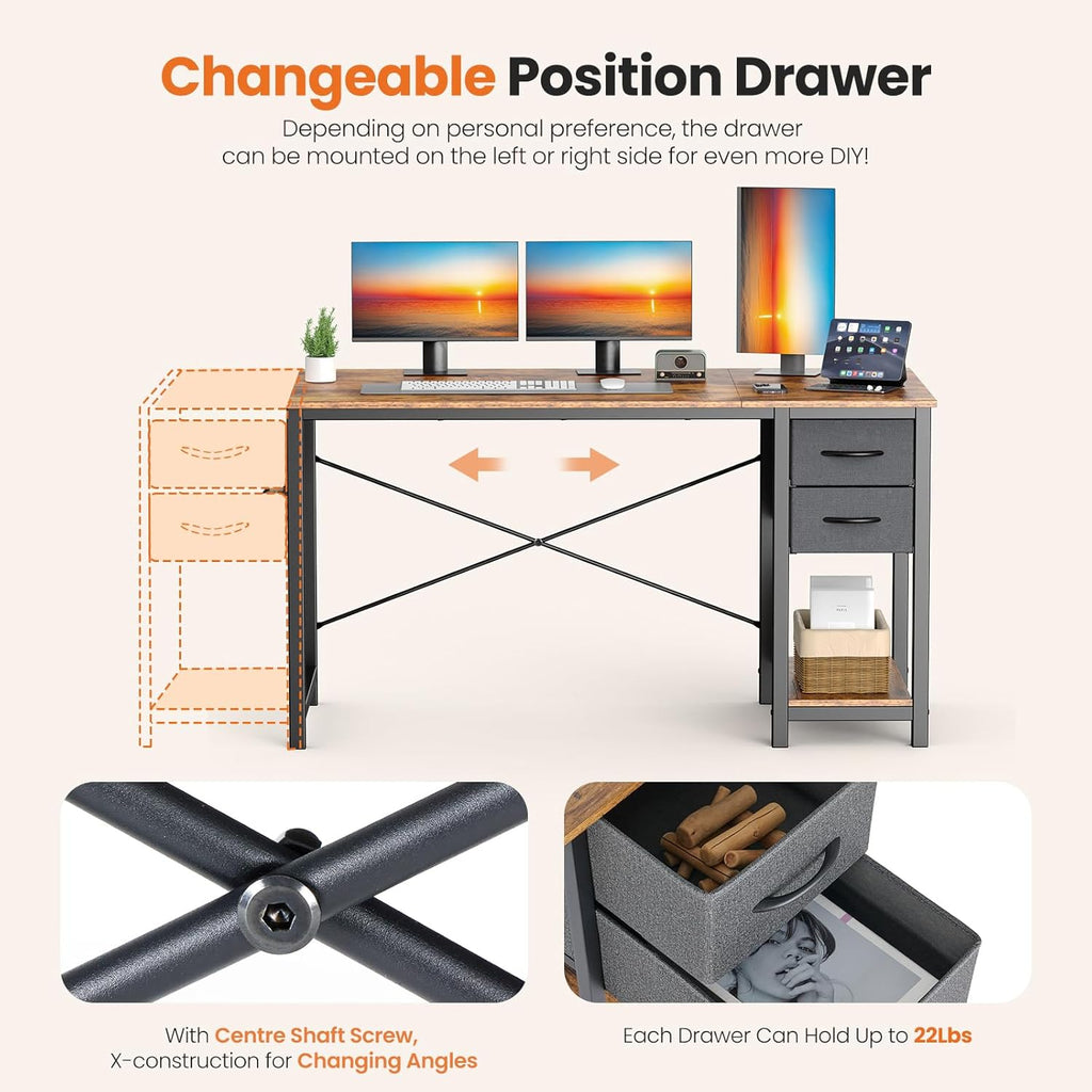 Sweetcrispy 40 Inch Computer Desk with Drawers for Home Office Writing Desk X Shaped Reinforcement Wood Surface Adjustable Position Modern Study Work Side Hook Metal Frame Storage Station Rust