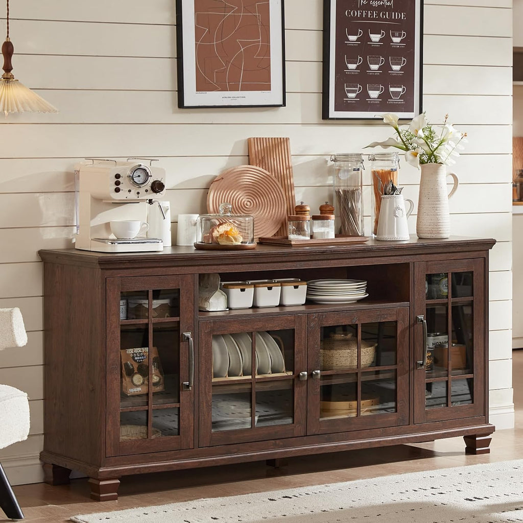 SAVOR LIFE Large Sideboard Buffet Cabinet with Storage,Vintage Walnut Farmhouse 60" Wide Sideboard Cabinets with Glass Doors & Wood Legs,Kitchen Coffee Bar Credenza for Dining Room, Living Room