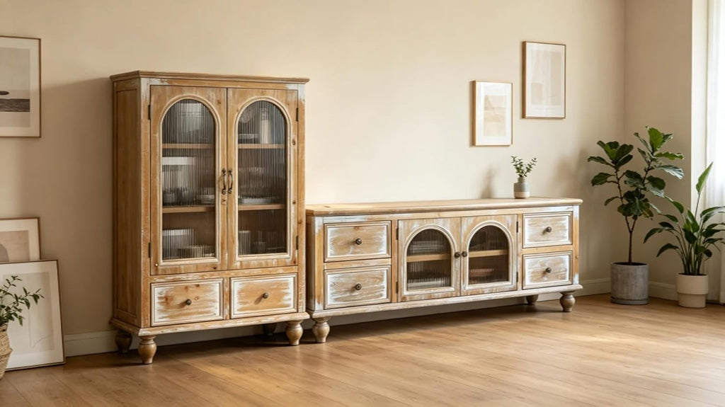 LKTART Solid Wood Storage Cabinet, Kitchen Sideboard Buffet Pantry Cabinet with Glass Doors & Drawers, Entryway Cabinet, Rustic Display Cabinet for Living Room,Natural Wood,48" Tall