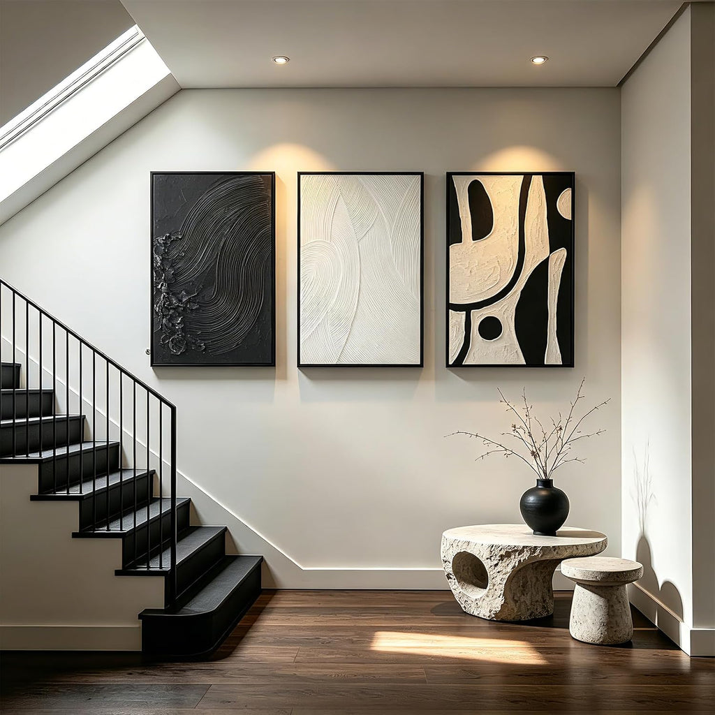 Framed Modern Black and White Abstract Wall Art for Living Room, Large 3 Piece minimalist decor Canvas Artwork for Walls, Prints Pictures Paintings for Hallway Stair Office Wall Decor 20x30 In