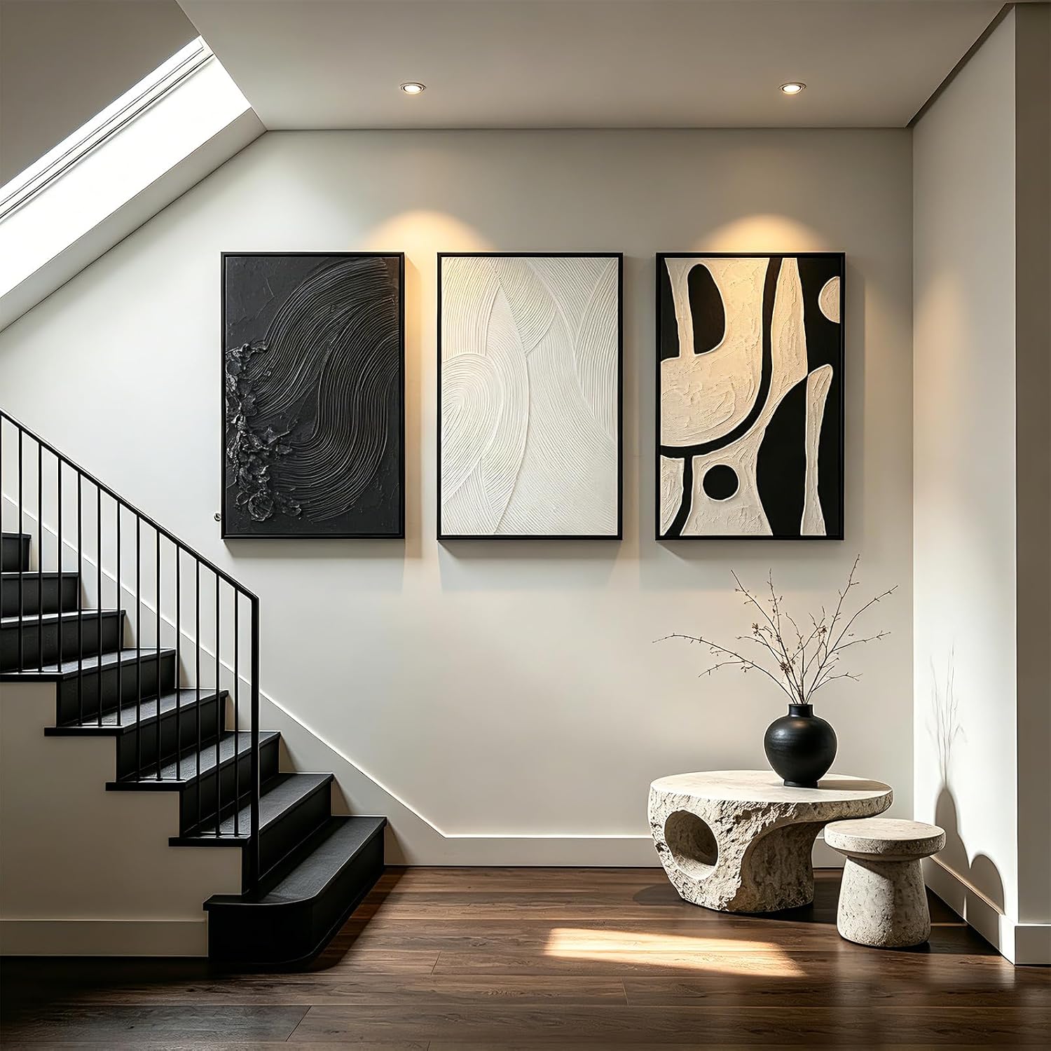 Framed Modern Black and White Abstract Wall Art for Living Room, Large 3 Piece minimalist decor Canvas Artwork for Walls, Prints Pictures Paintings for Hallway Stair Office Wall Decor 20x30 In