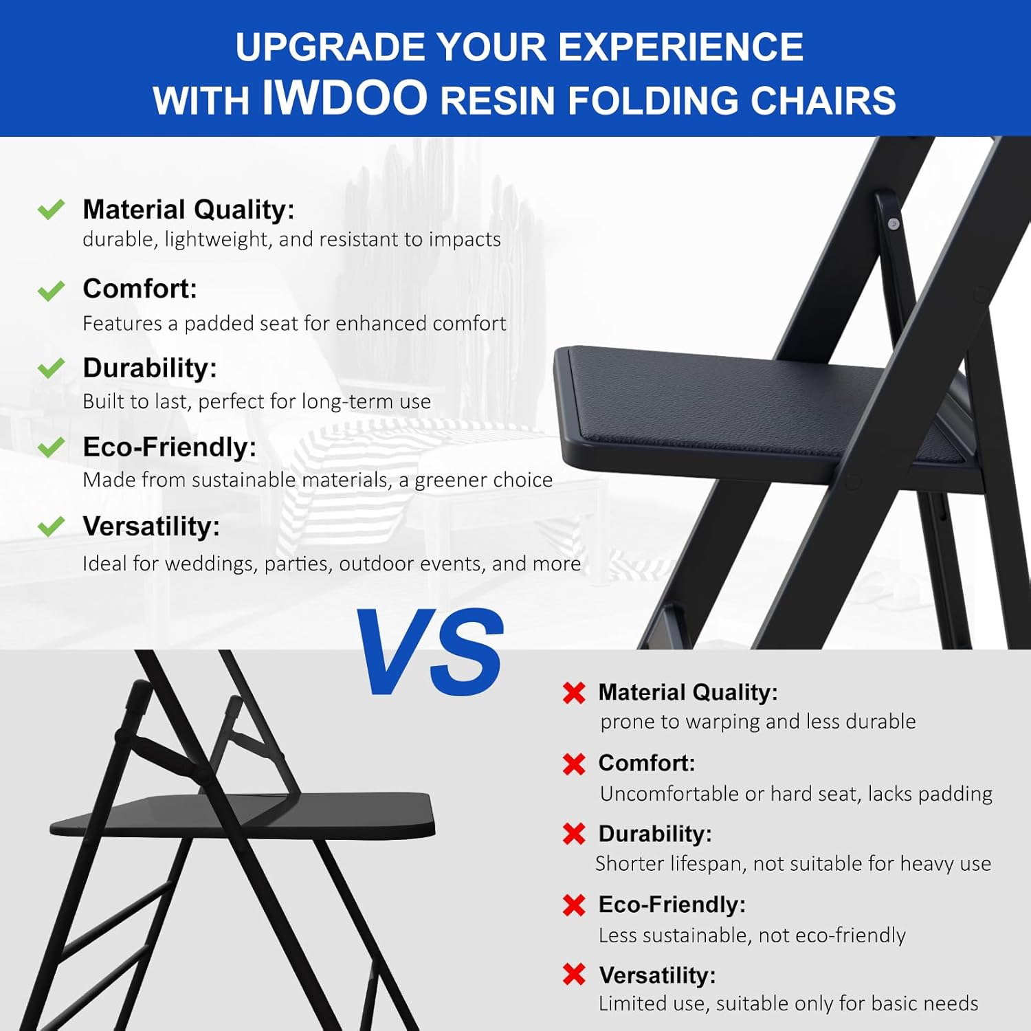 Resin Folding Chairs with Cushion - 4 Pack Black Folding Chairs, Lightweight Plastic Chairs, Comfortable Foldable Chairs for Wedding, Party, Home, Event, Indoor/Outdoor Use, 600lbs Capacity
