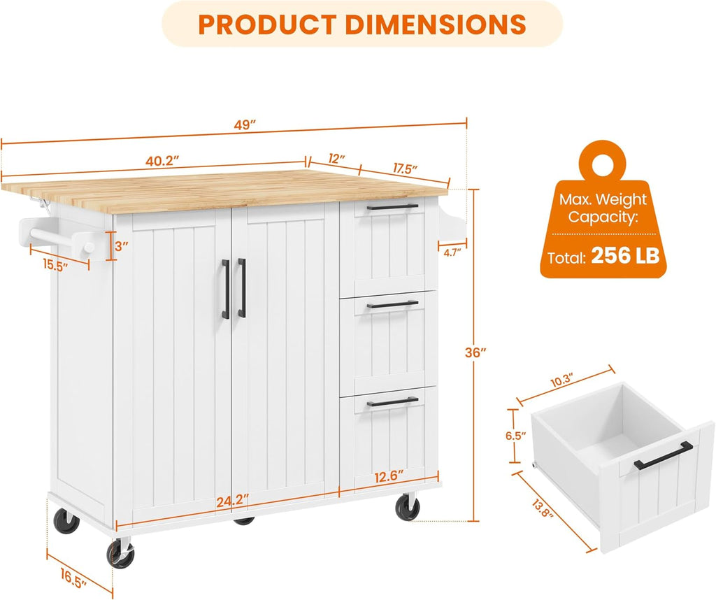 Yaheetech Kitchen Island Cart with Drop Leaf, Kitchen Breakfast Bar on 5 Universal Wheels with Storage Cabinet, Rubberwood Top, 3 Drawers, Spice Rack for Dining Room, 49W x 29.5D x 36H, White