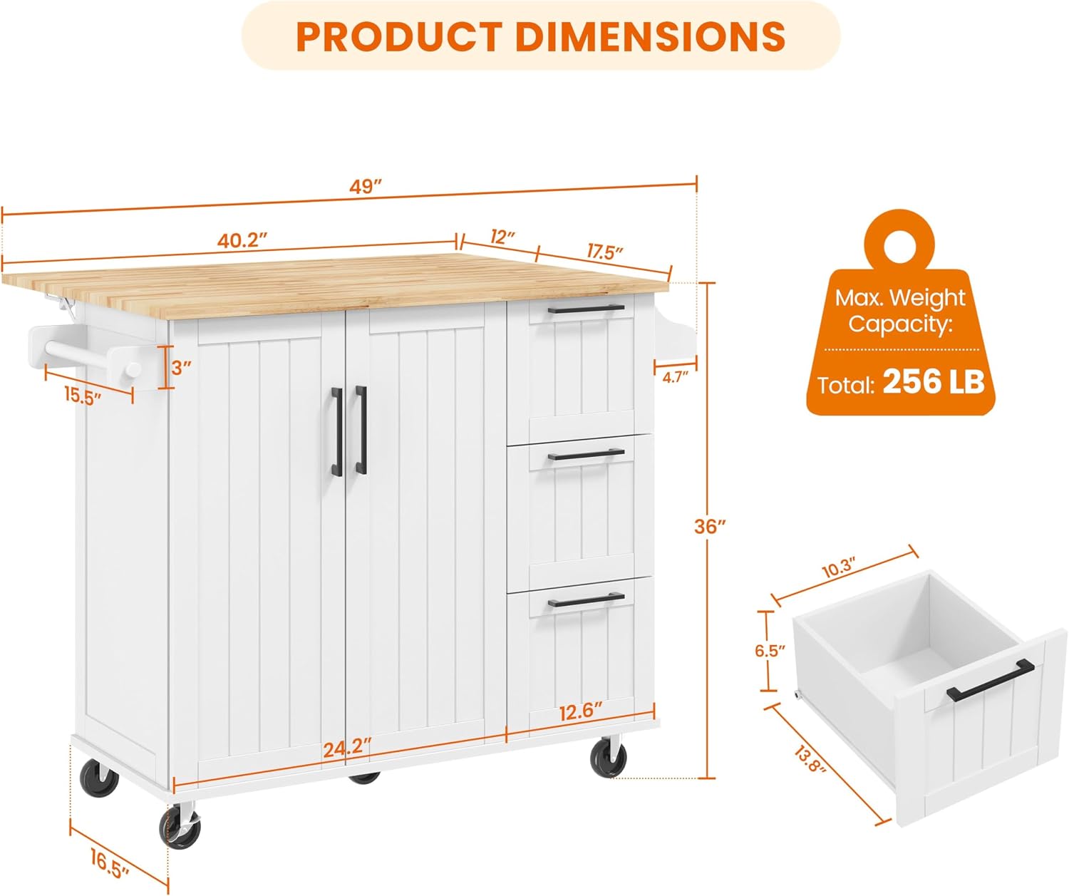 Yaheetech Kitchen Island Cart with Drop Leaf, Kitchen Breakfast Bar on 5 Universal Wheels with Storage Cabinet, Rubberwood Top, 3 Drawers, Spice Rack for Dining Room, 49W x 29.5D x 36H, White
