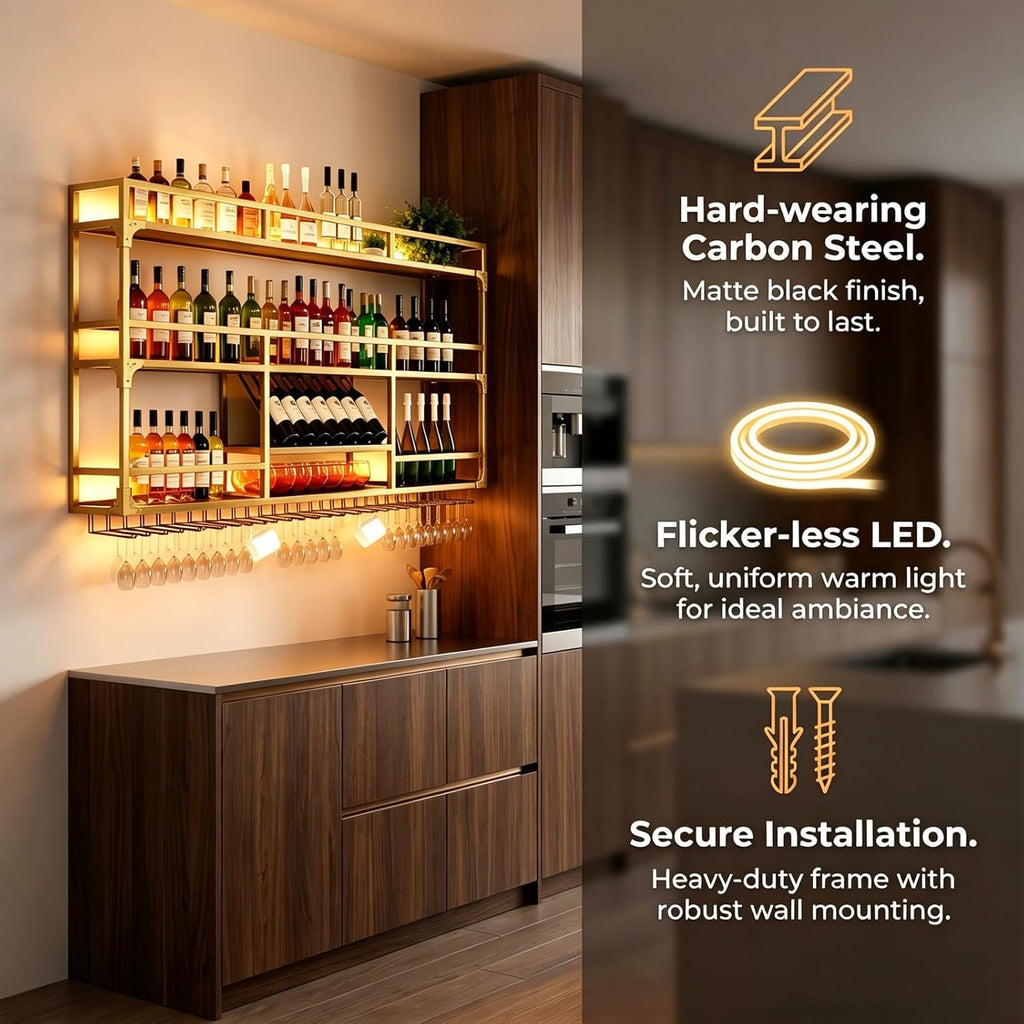 59in Wall Mounted Wine Rack, Floating Industrial Liquor Glass Holder 3 Tiers, Large Metal Wine Bottle Display Rack Hanging Shelf, for Home Bar Dining Room Decorative