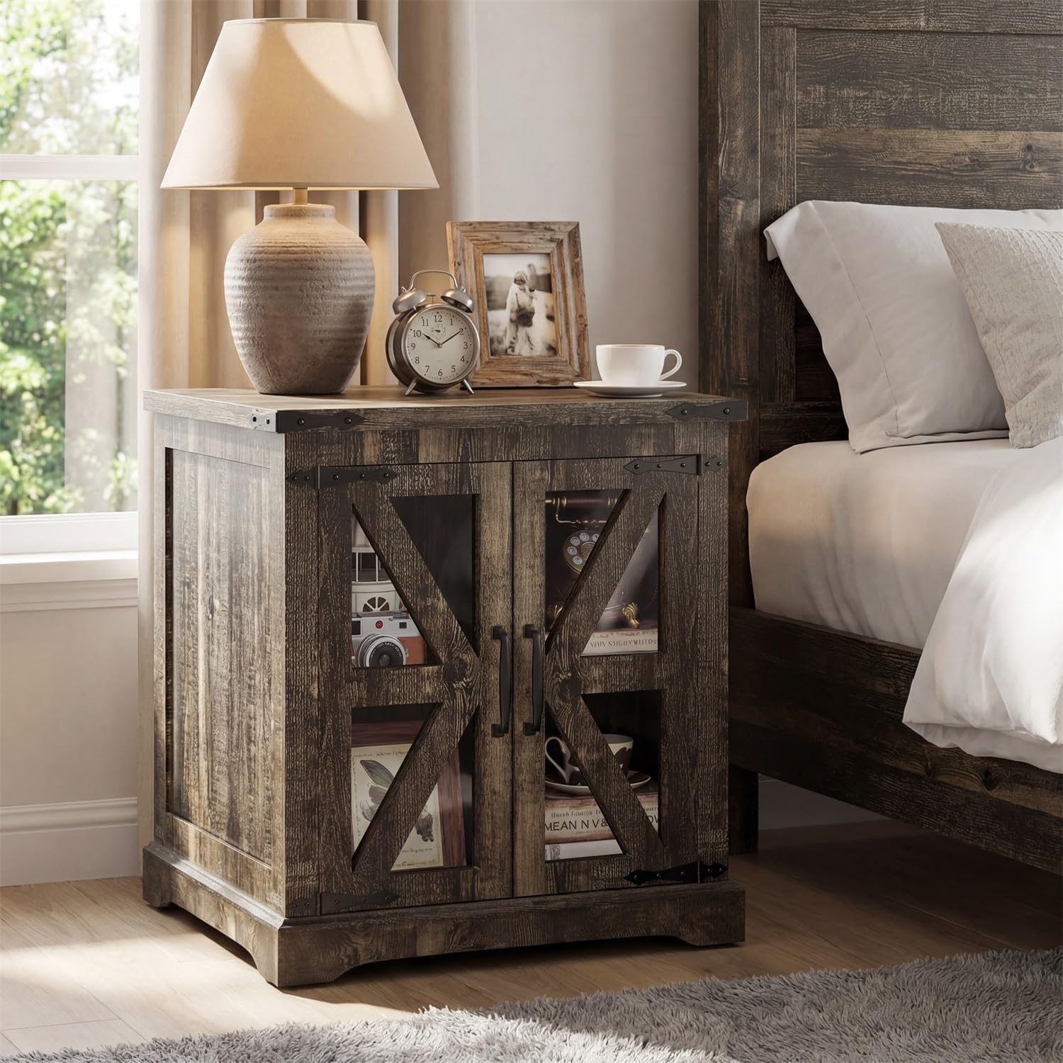 Farmhouse End Table, 24" Large End Tables with Storage, Rustic Square Sofa Beside Table with Glass Barn Door, Wood Side Table Square Nightstand for Living Room, Bedroom, Office (Antique Finish)