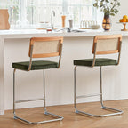 GrandNoor Natural Rattan Bar Stools Set of 2 with Solid Wood Back, 24 Inch Mid Century Modern Counter Height Stools, Green Upholstery Boho Stool for Kitchen Counter with Chrome Metal Legs