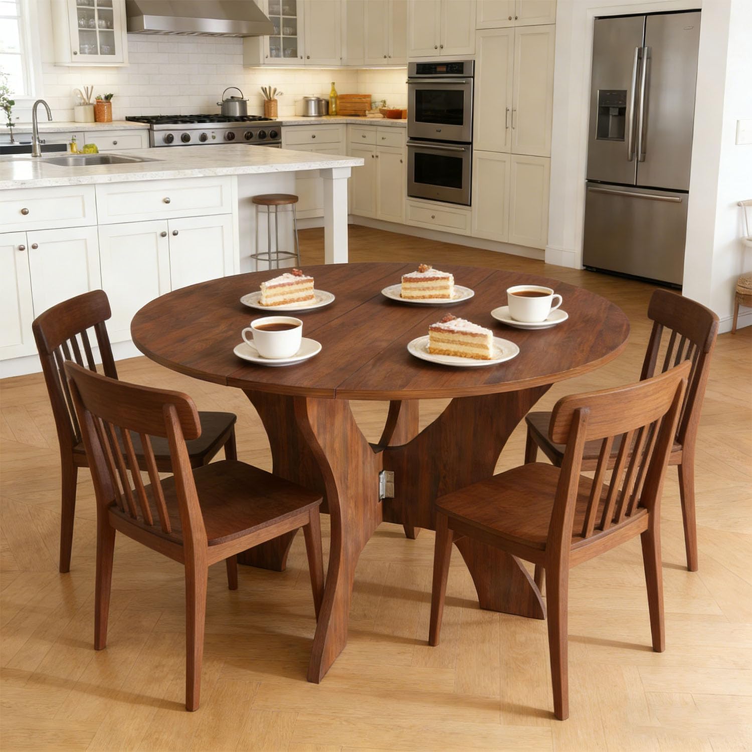 Round Dinning Table for 2-4, Foldable Kitchen Dining Room Table 43.3 Inches Circle Walnut Finish Dinner Tables for Kitchen, Dining Room, Living Room