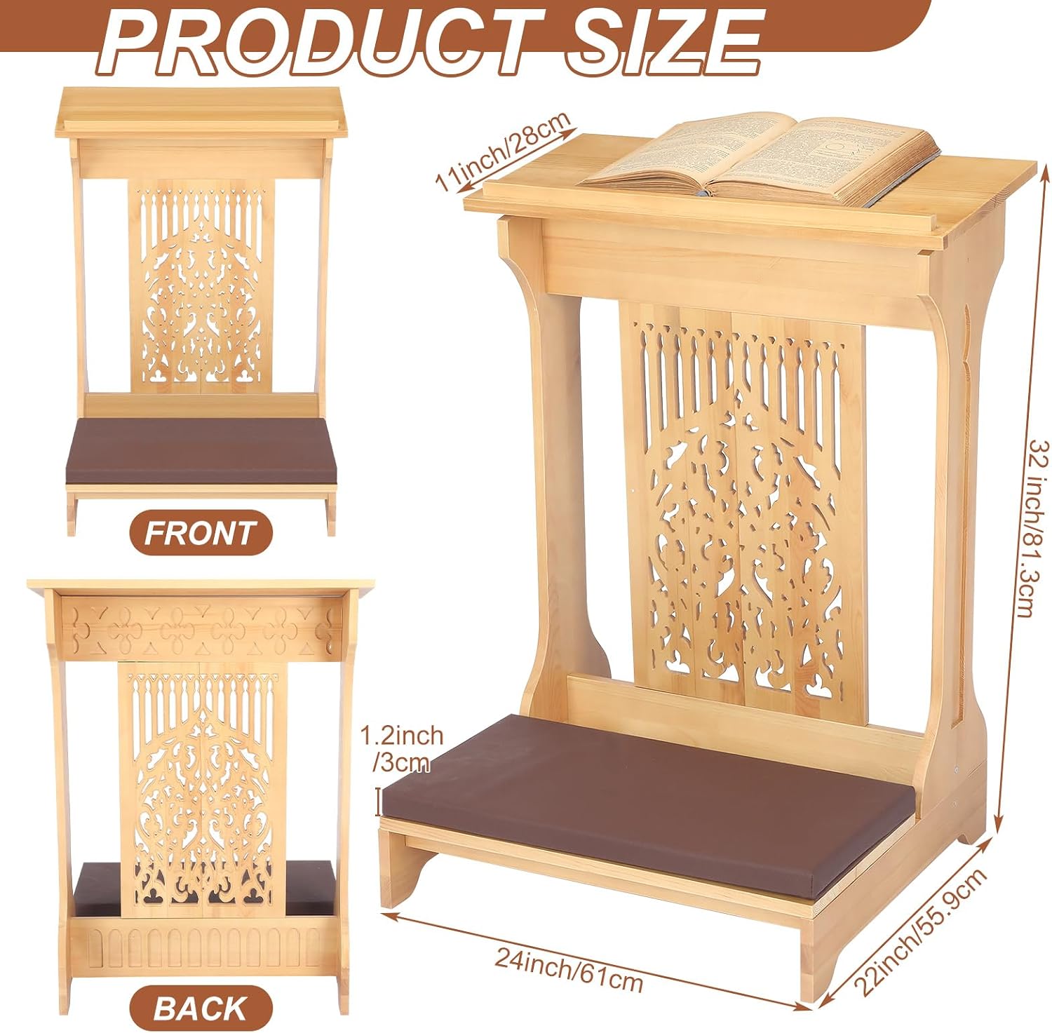 Colingmill Tree of Life Church Prayer Bench Stool Wooden Padded Kneeler with Shelf and Cushion Prayer Kneeler for Home Church Religious Gifts, 24 x 22 x 32 inches (Medium Oak Color)