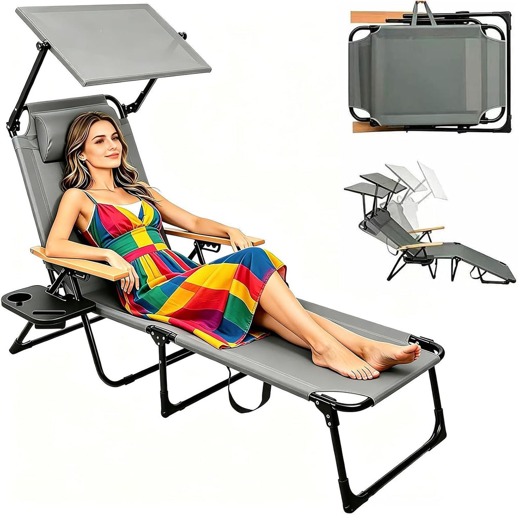 Folding Lounge Chairs for Outside, Patio Sun Tanning Chair with Sun Shade, 4 Position Beach Lounge Chair with Cup Holders & Wooden Armrests for Beach and Pool, Oxford Fabric, Beige