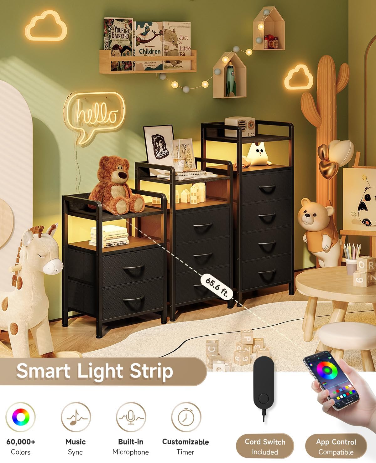 Lazzanto Nightstand with Rear Charging Station, LED Light, 2 Drawers, Black | Industrial Nightstand, 2 USB-A Ports & AC Outlets, Raised Back Guard, Fabric Storage Drawers, Bedside Table for Bedroom, Dorm