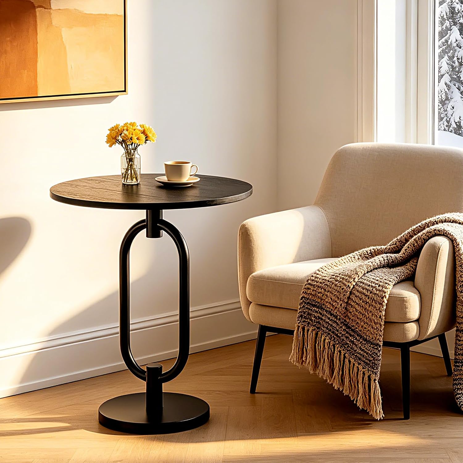 17In Black Round Side Table Modern End Table Stable Sofa Side Table with Heavy Duty Base Integrated Accent Coffee Table Nightstand for Living Room Bedroom Backyard