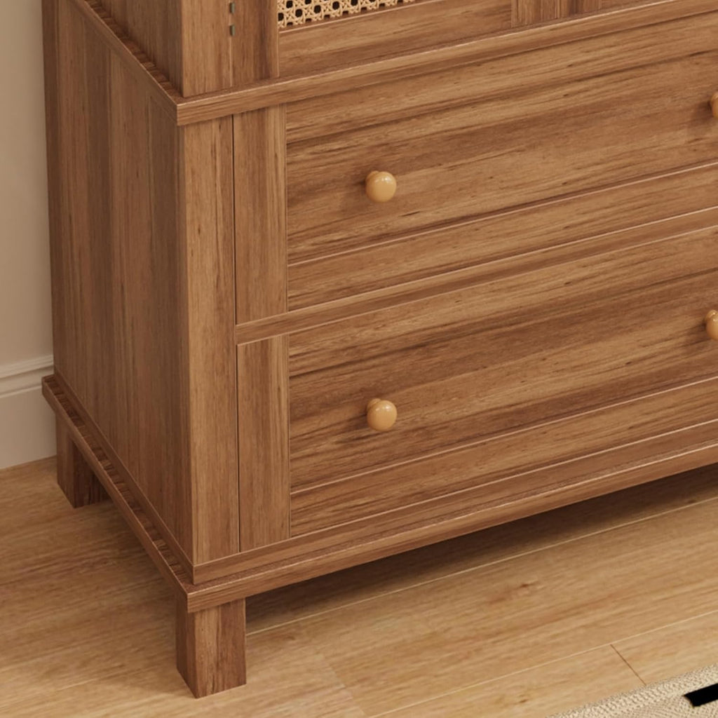 64" Tall Pantry Cabinet, Rattan Doors, 2 Drawers, Adjustable Shelves, Anti-Tip Design, Hard Wood, Walnut Finish for Kitchen, Dining, Living Room