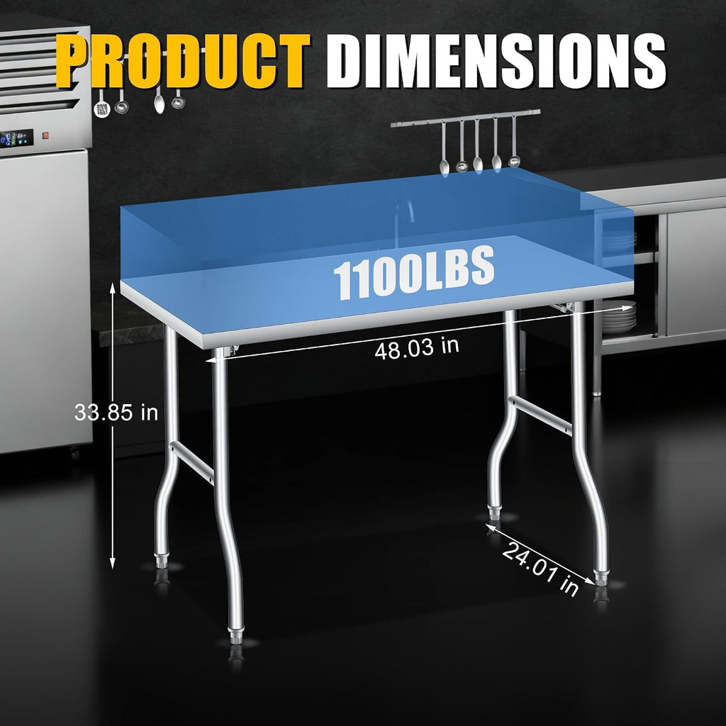 Garvee Folding Stainless Steel Table, 48x24 in, 400 LB Capacity, Heavy Duty Metal Foldable Prep/Work Table, No Assembly, Portable Workbench for Kitchen Laundry Restaurant Camping Garage