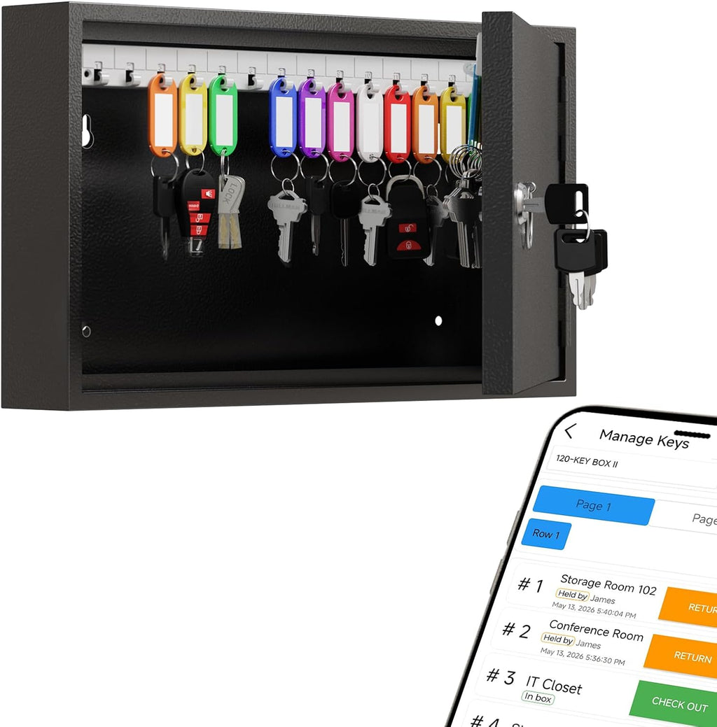 WeHere 30-Keys Key Lock Box, Key Cabinet with Key Management App (Track Key Borrow/Return), Security Key Holder Wall Mount Lockbox for Home, Garage, Car Key Storage for School, Small Office, Hotels