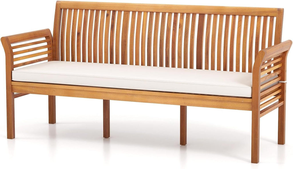COSTWAY Wooden Outdoor Bench with White Cushion, Garden Bench with Curved Armrest & Slatted Back for Patio, Park & Porch, 23”x 62.5”x30.5”